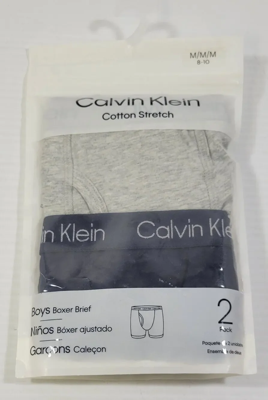 GG) Calvin Klein 2 Pack Cotton Stretch Boys Boxer Briefs Medium 8-10 Navy Gray